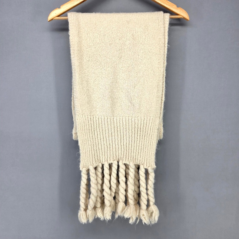 Anthropologie Scarf Cream Wool Blend Chunky Knit Twisted Rope Fringe Winter Cozy